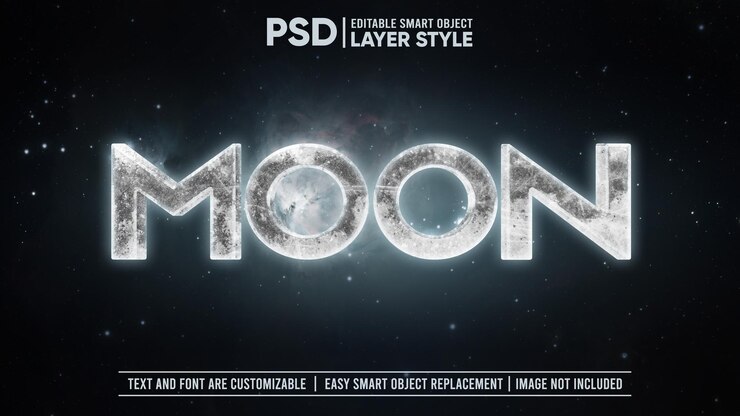 PSD space moon cosmic glowing asteroid rock efecto de texto de estilo de capa editable en 3d