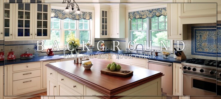 PSD spacious kitchen with island and white cabinets