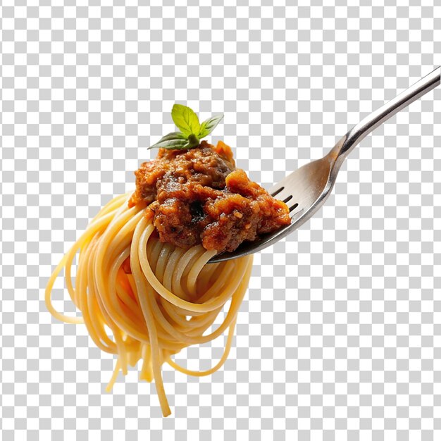 PSD spaghetti bolognese auf einer gabel, isoliert auf durchsichtigem hintergrund