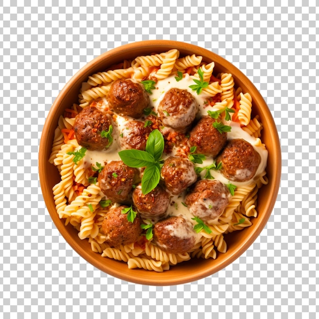 spaghetti con polpette e salsa di pomodoro in una ciotola scattata da vicino isolata su uno sfondo trasparente