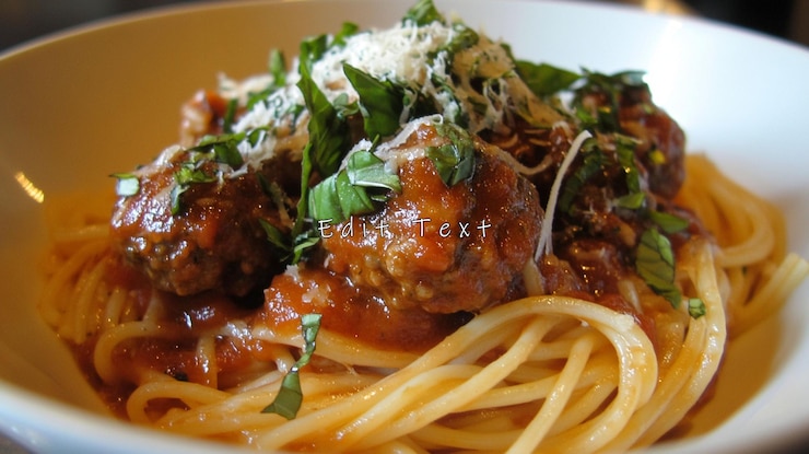 PSD spaghetti con polpette, salsa di pomodoro, basilico e formaggio parmigiano in una ciotola bianca
