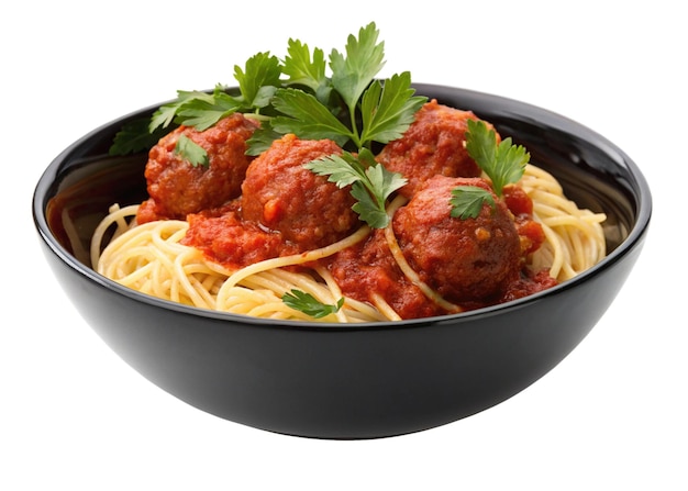 Spaghetti e polpette in una ciotola nera