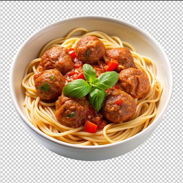 Spaghetti mit fleischkugeln und tomatensauce in einer schüssel, die auf einem durchsichtigen hintergrund isoliert wurde