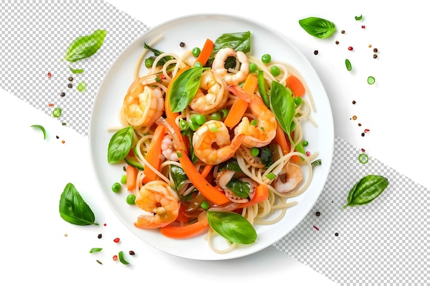 Spaghetti mit Garnelen, Gemüse und Basilikum PNG