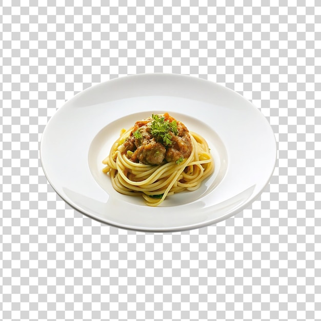 Spaghetti mit tomatensauce auf einem weißen teller, isoliert auf einem transparenten hintergrund