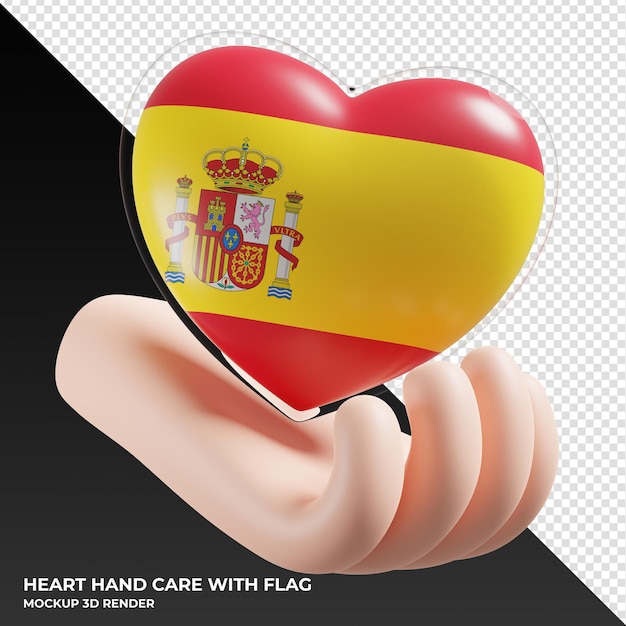 PSD spanien-flagge mit herzhandpflege realistisch 3d texturiert
