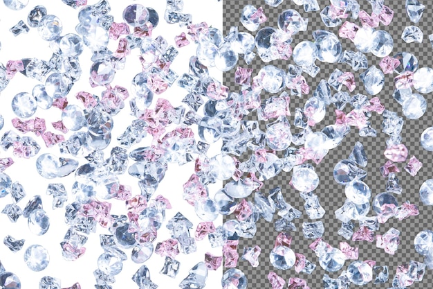 Sparkling Gemstone Diamante e roccia di plastica volano in mezzo all'aria Molti gruppi di gemme Diamanti a forma di cristallo gioiello di lusso cadono come denaro di ricchezza Sfondio nero isolato