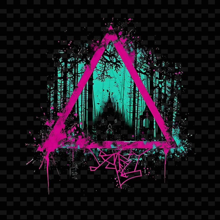 PSD sparkling neon elven forest dentro de un triángulo de silueta lan png y2k diseños inspirados en cuentos de hadas