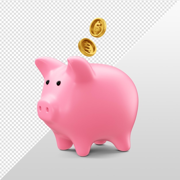 Sparschwein mit Goldgeldmünze 3D Render