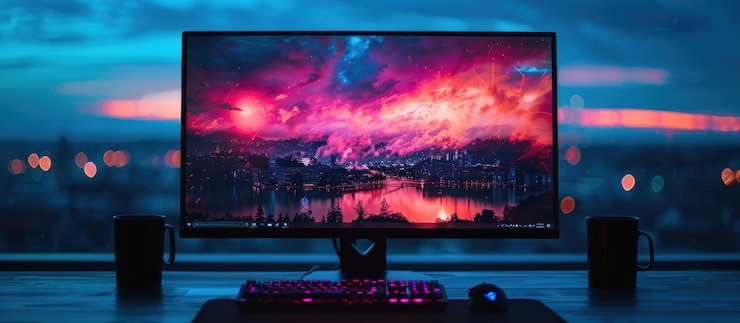 PSD spazio di lavoro desktop moderno con una carta da parati colorata sul monitor
