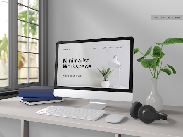 Spazio di lavoro minimalista con mockup dello schermo di visualizzazione