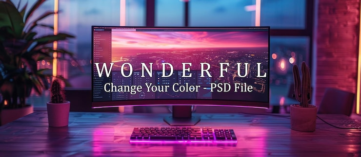 PSD spazio di lavoro moderno con sfondo desktop cityscape