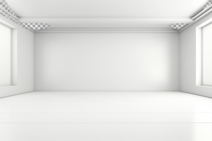 PSD spazio interno elegantemente minimalista con luce solare brillante che inonda le grandi finestre
