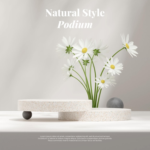 Spazio vuoto minimo 3d rendering mockup podio in piazza con sfera strutturata e fiori a margherita