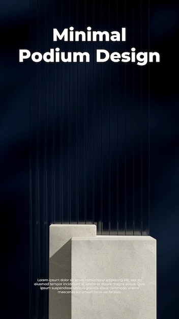 spazio vuoto texture ceramica naturale podio in verticale parete blu scuro e vetro 3d rendering
