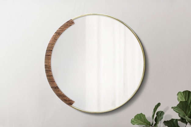 Specchio circolare con fondale in legno con mockup di fichi a foglia di violino