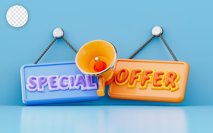 PSD special offer hanging signboard with megaphone 3d render concept for exclusive discount