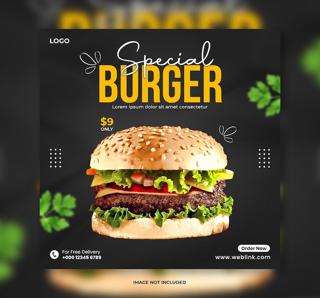 Speciale gustoso hamburger e menu ristorante social media post banner modello o banner alimentare