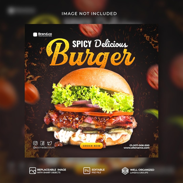 Speciale hot Spicy Burger food menu promozione social media post instagram o modello di banner Premium