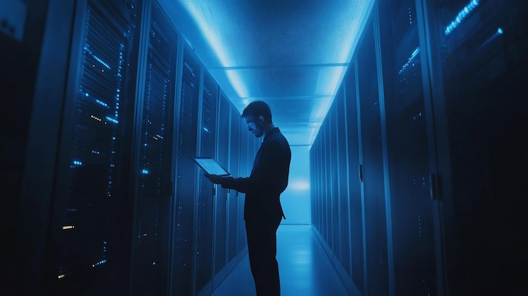 PSD spécialiste informatique travaillant dans une salle de serveur vérifiant les données sur un ordinateur portable