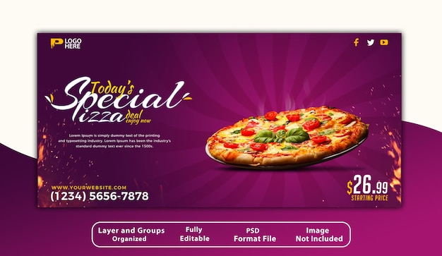 PSD speisekarte und köstliche pizza facebook- und instagram-cover-banner-vorlage