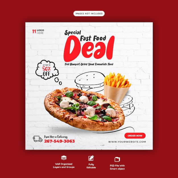 Speisekarte und köstliche Pizza Social Media Banner Vorlage