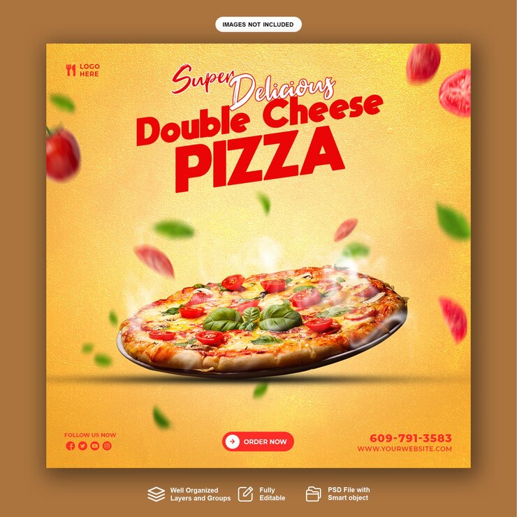 Speisekarte und köstliche Pizza-Social-Media-Banner-Vorlage