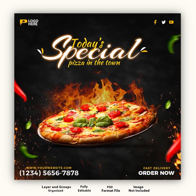 Speisekarte und köstlicher Pizza-Social-Media-Beitrag