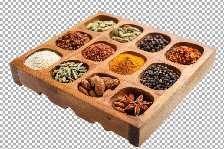 PSD spezie indiane essenziali classificate per la vostra dispensa di cucina isolate su uno sfondo trasparente