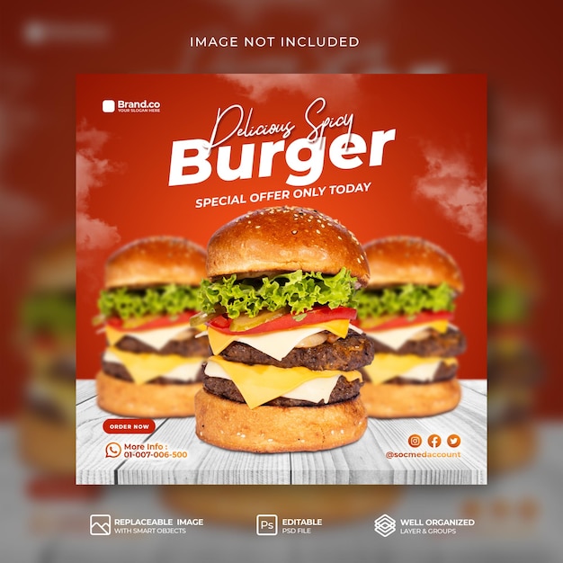 PSD spezielle burger-speisemenü-werbung social media instagram post oder banner-vorlage premium psd