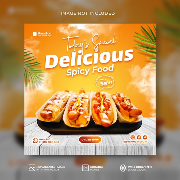 PSD spezielle köstliche hot-dog-speisemenü-werbung social-media-instagram-post oder banner-vorlage premium