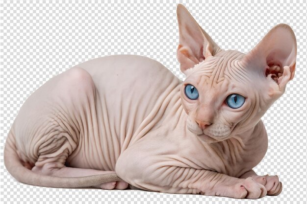 Sphynx cat with striking blue eyes lying isolated hairless pet on transparent background