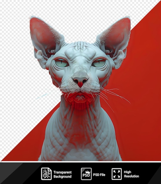 PSD sphynx chat sans poils avec des yeux bleus nez rose et de longues moustaches blanches sur un fond rouge