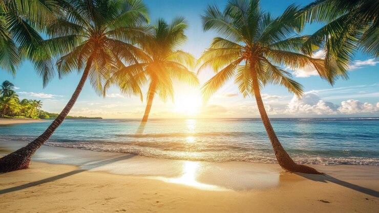 PSD spiaggia tropicale al tramonto con palme