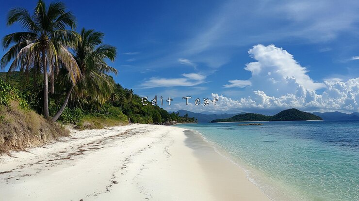 PSD spiaggia tropicale idilliaca con palme sabbia bianca acqua turchese e cielo blu