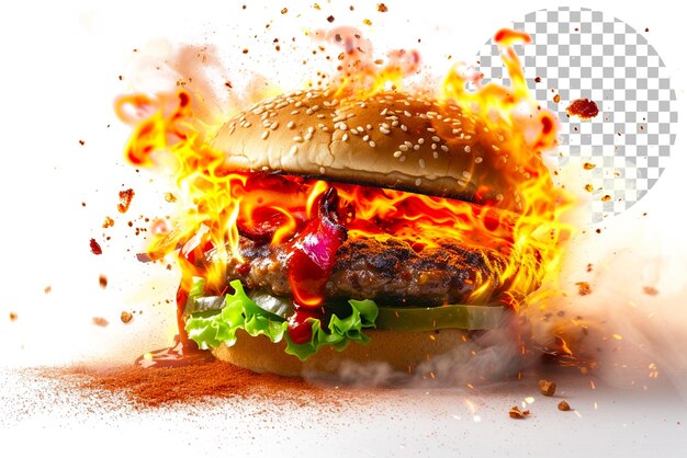 PSD spicy bbq burger blaze um burger ablaze com sabor picante de churrasco em fundo transparente