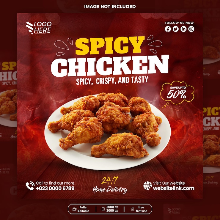 Spicy Chicken Wings Publicaciones en las redes sociales y plantillas de anuncios en la web
