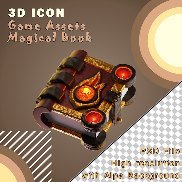 Spiel Asset Fire magisches Buch Isoliert auf durchsichtigem Hintergrund 3D-Illustration Hochauflösung