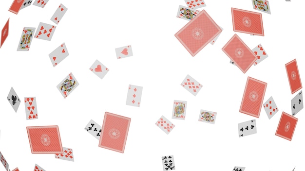 Spielen von Karten auf einem weißen Hintergrund, wobei die Karten fallen
