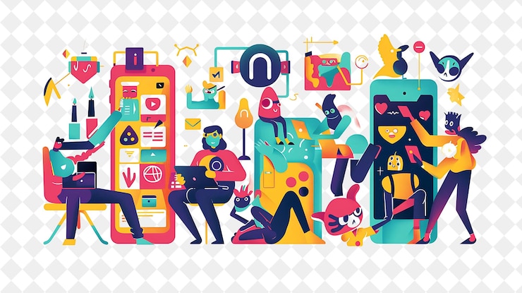 PSD spielerischer app-entwickler mit charakteren, der spiele programmiert und spielt png-menschen in der täglichen arbeit illustration