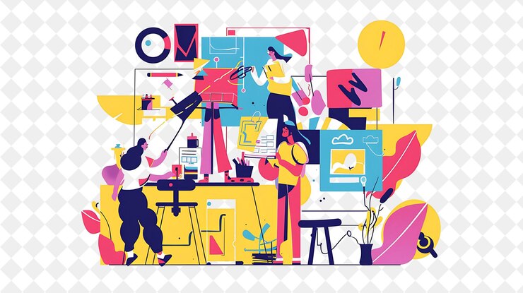 PSD spielerischer produktdesigner mit charakteren entwerfen und erstellen von png-menschen in der täglichen arbeitsillustration