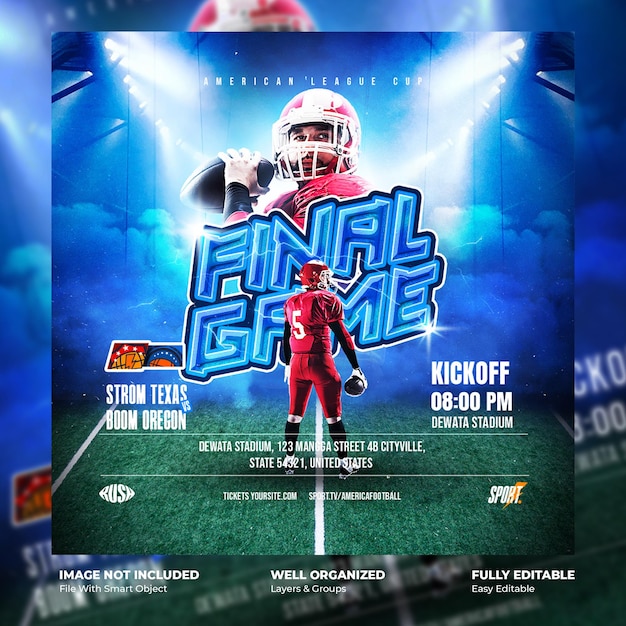 PSD spieltag american football match flyer oder social media vorlage