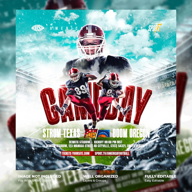 PSD spieltag american football match flyer oder social media vorlage