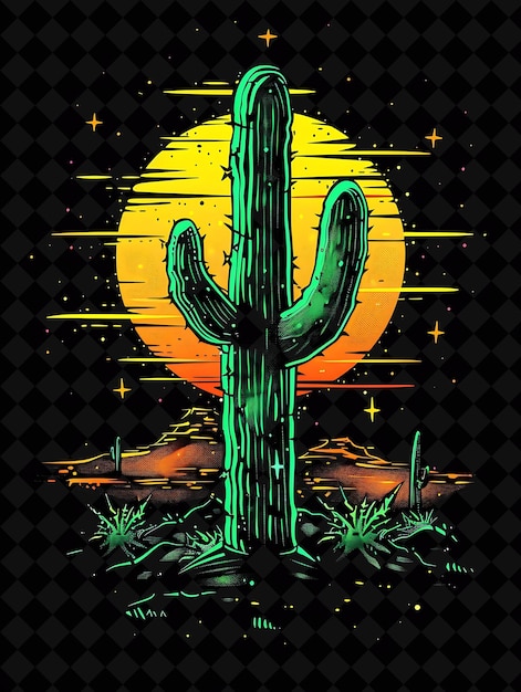 Spiky cactus 8 bit pixel com paisagens do deserto e pôr-do-sol y2k shape neon color art collections