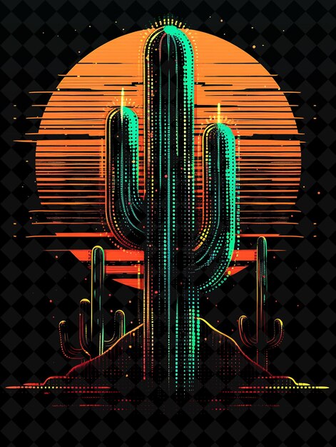 PSD spiky cactus 8 bit pixel com paisagens do deserto e pôr-do-sol y2k shape neon color art collections