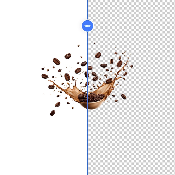 PSD splash de café con granos de café sobre fondo blanco.