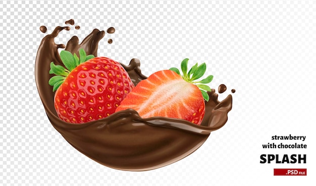 PSD splash de chocolate con fresa aislado