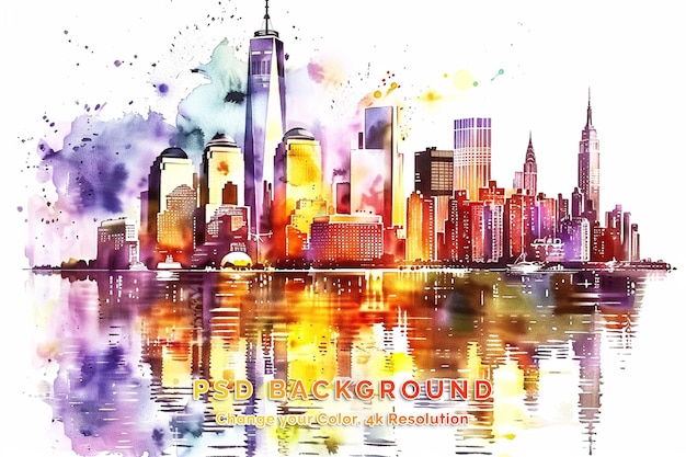 PSD splash de aquarela com esboço desenhado à mão do horizonte da cidade de nova york