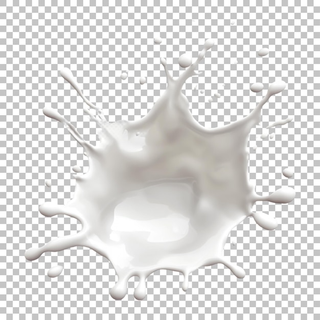 Splash di latte realistico con gocce isolate su sfondo trasparente per la progettazione di alimenti e bevande