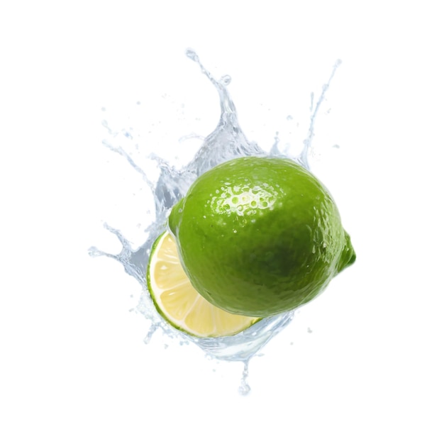 Splash di limoni freschi e succosi con gocce di foglie che galleggiano nell'aria